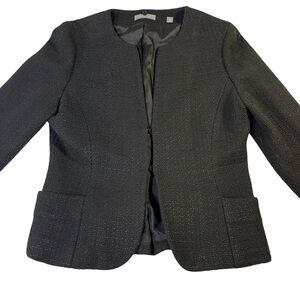 Ann Taylor Black Tweed Jacket Collarless Women's Size 8 Hook & Eye‎ Wool Blend
